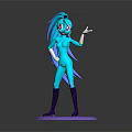 Turquoise Game And Movie Character With Long Tail Red Eyes Purple Boots Standing On Purple Base