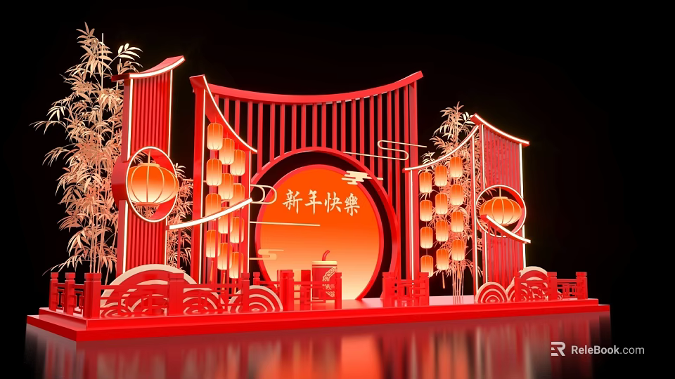 New Year Themed Photo Check In Spot With Red Decorations Lanterns Bamboo And Round Backdrop 3d model 