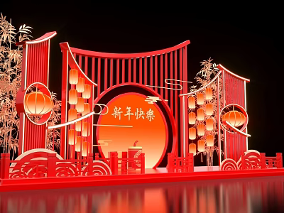 New Year Themed Photo Check In Spot With Red Decorations Lanterns Bamboo And Round Backdrop 3d model