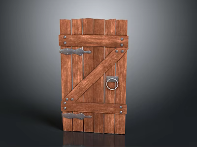 Rustic Wooden Door With Plank Design Metal Hinges And Round Door Knocker 3d model