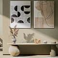 Modern Console Table With Abstract Artwork And Decorative Items In Neutral Tones 3d model
