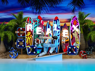 Vibrant Surfboards With Graffiti Palm Trees And Sunset Background 3d model