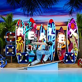 Vibrant Surfboards With Graffiti Palm Trees And Sunset Background