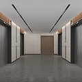 Modern Elevator Lobby With Stone Walls Multiple Elevator Doors And Wooden Door 3d model