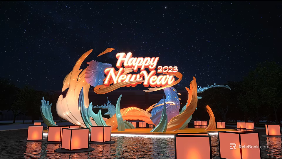 Happy 2023 New Year Photo Spot With Starry Sky Wave Decorations And Lanterns 3d model 