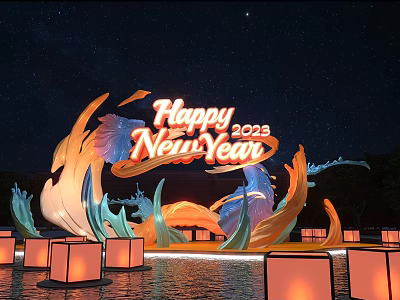 Happy 2023 New Year Photo Spot With Starry Sky Wave Decorations And Lanterns 3d model