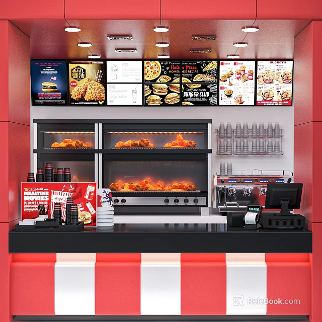Fast Food Restaurant Interior With Ovens Menu Boards Drink Cups And Cash Register 3d model 