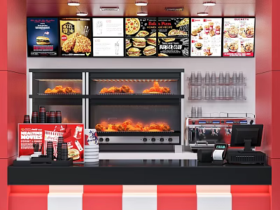 Fast Food Restaurant Interior With Ovens Menu Boards Drink Cups And Cash Register 3d model