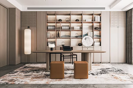 New Chinese Style Study Tea Room Desk and Chair Tea Table and Chair Desk Bookcase Desk Leisure Chair Decorative Cabinet 3d model