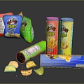 Munchy's Potato Chips With Open Bag Scattered Chips And Various Packaging Cans Box