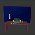 Home Office Wooden Desk With Blue Stationery And Accessories On Blue Backdrop