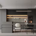 Modern Restaurant Open Kitchen With Island Counter Dining Chairs And Lighting 3d model