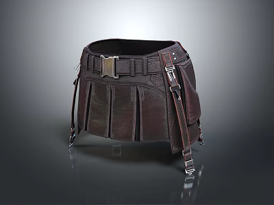 Brown Leather Utility Skirt With Belt Metal Buckle And Functional Pockets 3d model