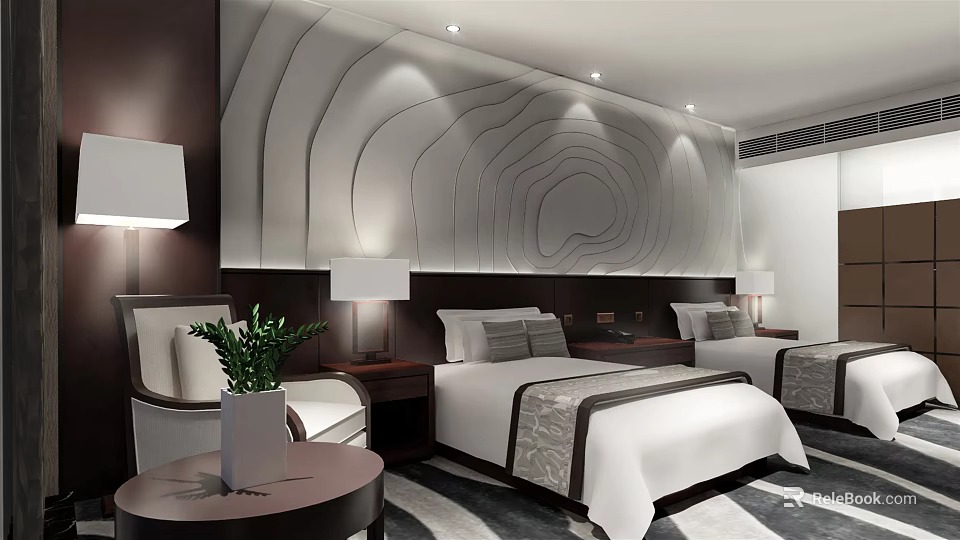 Modern Hotel Room Interior With Twin Beds Wavy Texture Headboard Table Lamps And Accent Chair 3d model 