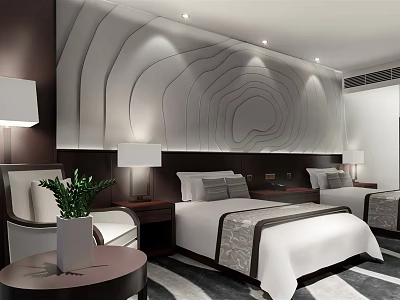 Modern Hotel Room Interior With Twin Beds Wavy Texture Headboard Table Lamps And Accent Chair 3d model