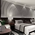 Modern Hotel Room Interior With Twin Beds Wavy Texture Headboard Table Lamps And Accent Chair
