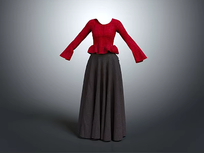 Red Peplum Long Sleeve Top With Dark Gray Flowy Long Skirt 3d model