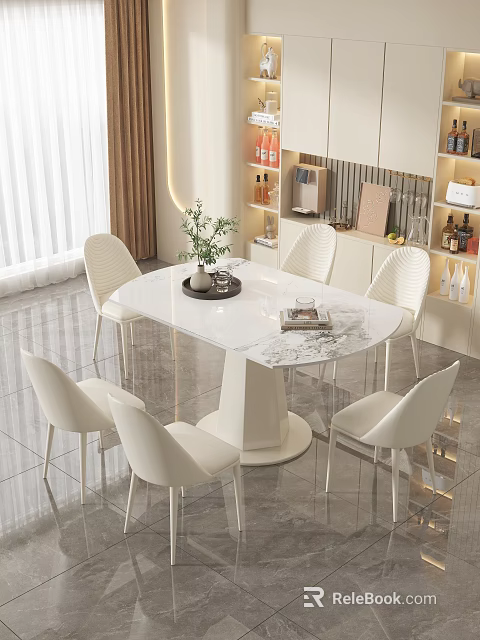 Modern Marble Dining Table Set With Six White Chairs And Contemporary Design 3d model