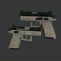 Two Beige Black Tactical Pistols With Grip Texture Rail System Sights On Dark Background