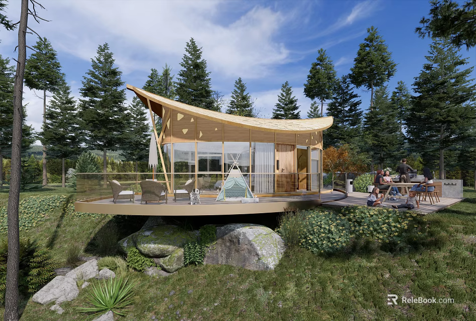 Guesthouse Building with Curved Wooden Roof Among Pine Trees and Open Terrace in Natural Surroundings 3d model 