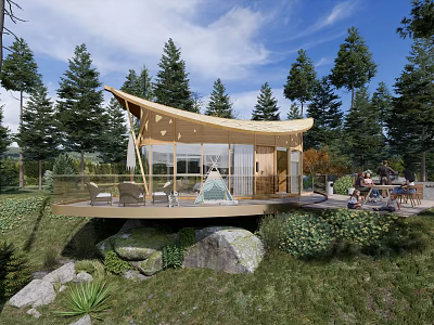 Guesthouse Building with Curved Wooden Roof Among Pine Trees and Open Terrace in Natural Surroundings 3d model