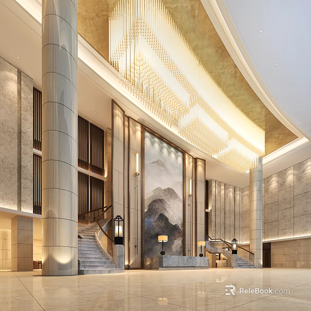 Luxurious Hotel Lobby Interior With Grand Chandelier Marble Columns And Staircase 3d model 