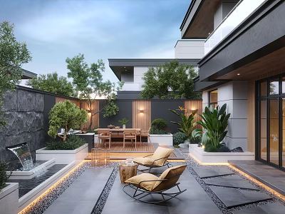 Modern Courtyard Garden With Water Fountain Wooden Deck Outdoor Dining Table And Lounge Chairs 3d model