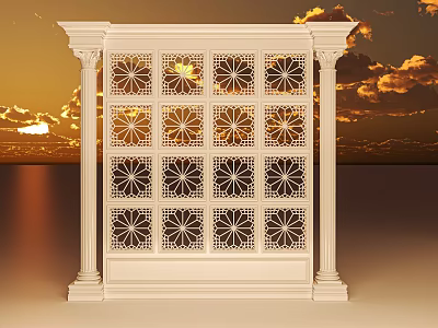 White Columns With Intricate Lattice Design Against Golden Sunset Sky 3d model