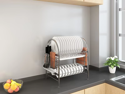 Stainless Steel Dish Rack on Kitchen Countertop with Plates Bowls Utensils Fruit Bowl and Plant 3d model