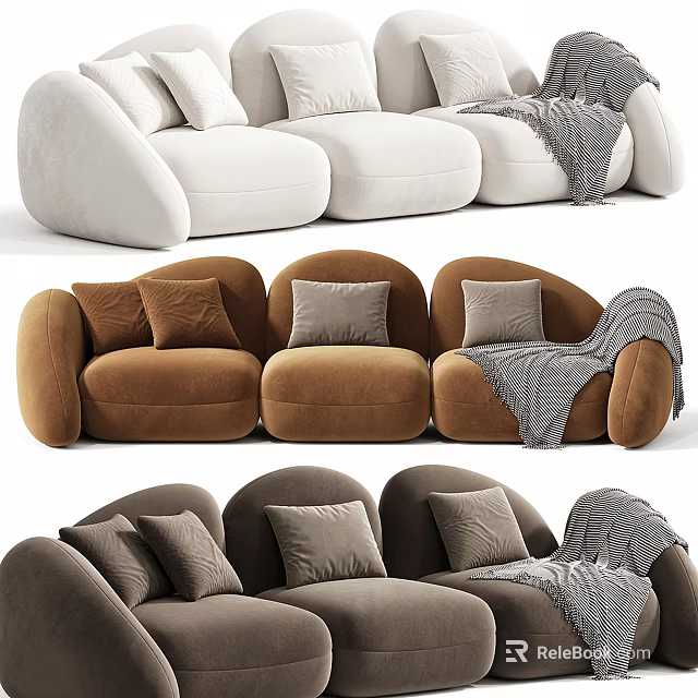 Modern Sectional Sofa in Neutral Tones with Decorative Pillows and Throw Blankets 3d model 