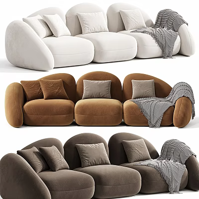 Modern Sectional Sofa in Neutral Tones with Decorative Pillows and Throw Blankets 3d model