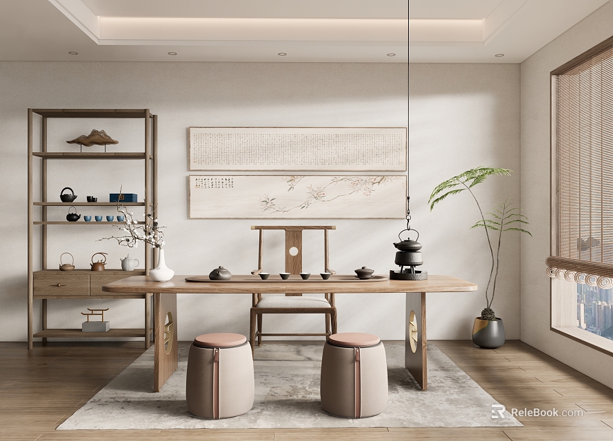 Traditional Tea Room Interior Featuring Wooden Tea Table Round Stools Calligraphy Painting And Green Plants 3d model 