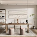 Traditional Tea Room Interior Featuring Wooden Tea Table Round Stools Calligraphy Painting And Green Plants