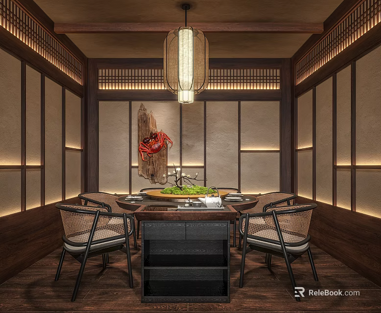 Traditional Chinese Style Private Dining Room with Round Table Chairs Hanging Lamp and Decorative Painting 3d model 