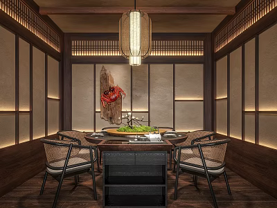 Traditional Chinese Style Private Dining Room with Round Table Chairs Hanging Lamp and Decorative Painting 3d model