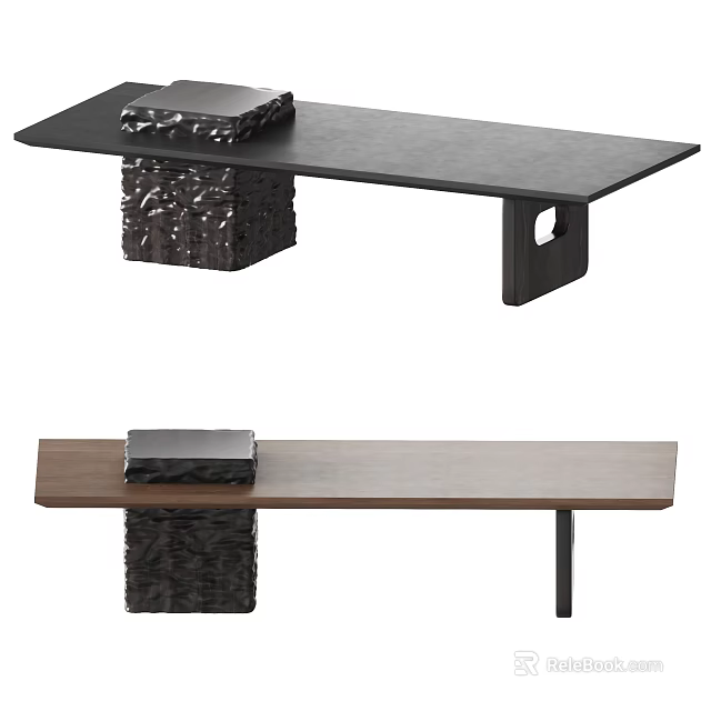 Modern Tea Table and Chairs with Textured Base and Brown Black Table Tops 3d model 