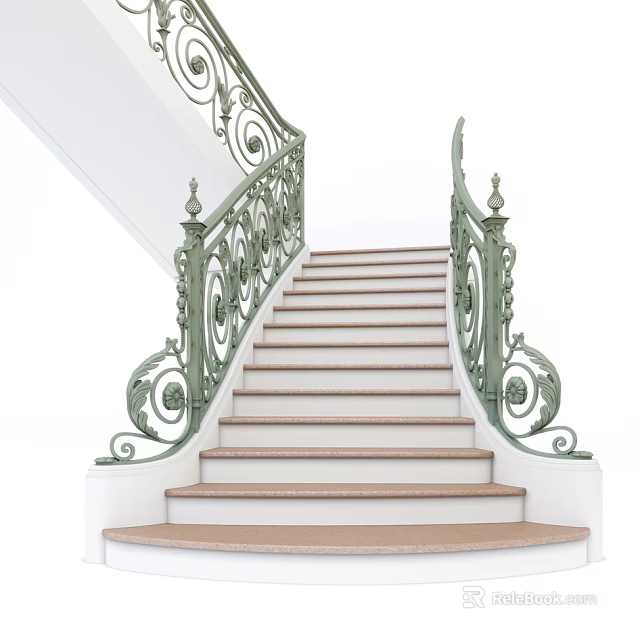 Elegant Classic Staircase With Ornate Wrought Iron Railing And Marble Steps 3d model 