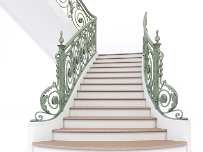 Elegant Classic Staircase With Ornate Wrought Iron Railing And Marble Steps 3d model