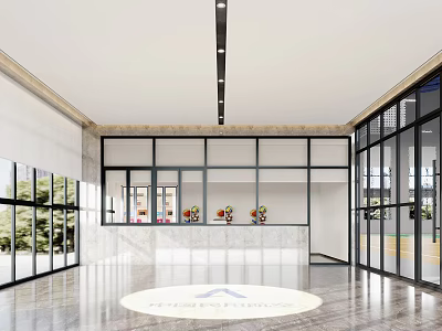 Modern Office Reception Desk With Marble Counter Large Glass Windows Logo And Natural Light 3d model