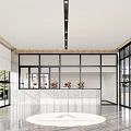 Modern Office Reception Desk With Marble Counter Large Glass Windows Logo And Natural Light