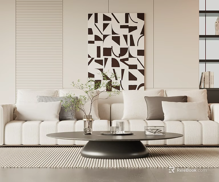 Modern Living Room With Black Round Coffee Table White Sofa Pillows And Geometric Wall Art 3d model 