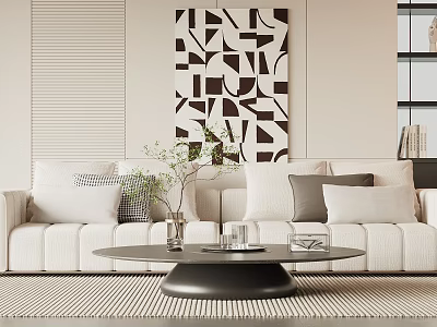 Modern Living Room With Black Round Coffee Table White Sofa Pillows And Geometric Wall Art 3d model