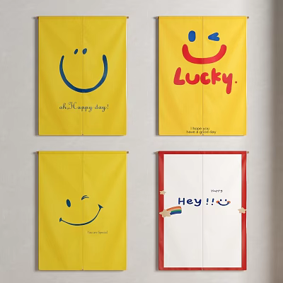 Vibrant Yellow Curtains Adorned with Smiley Faces and Happy Day Lucky Hey Text 3d model