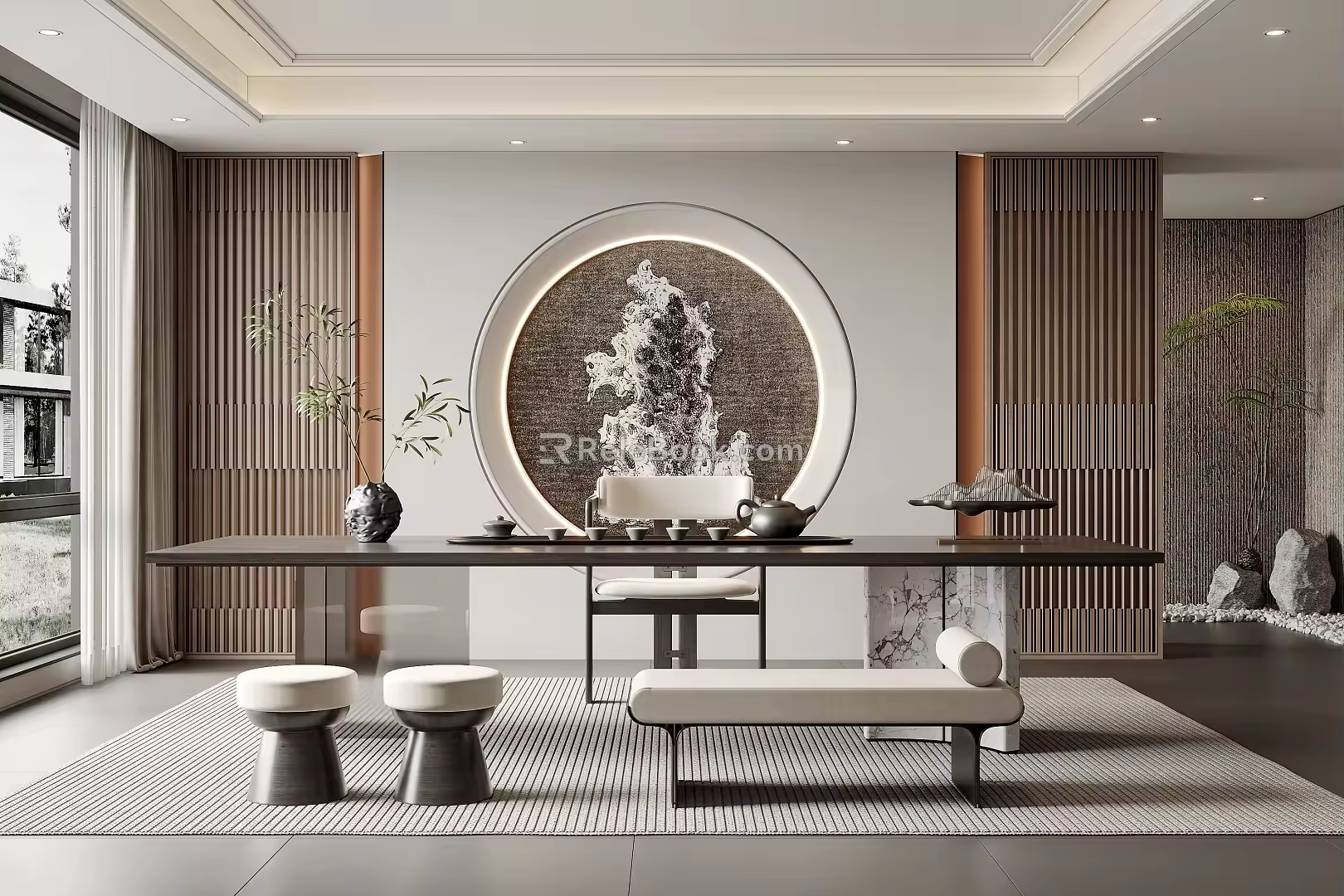 New Chinese Tea Room Tea Table Background Wall Green Planting 3d model