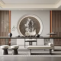 New Chinese Tea Room Tea Table Background Wall Green Planting 3d model