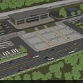 Modern Plaza Landscape With Station Building Parking Area Pedestrians Vehicles And Green Trees