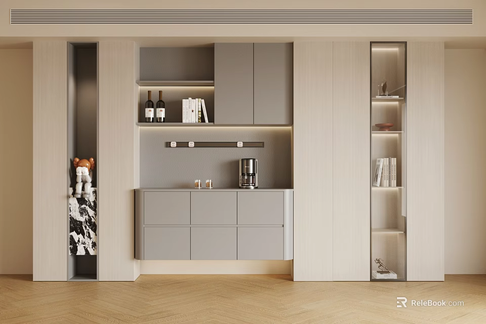 Elegant Modern Sideboard Cabinet Design With Open Shelves Wine Bottles Coffee Machine And Books 3d model 