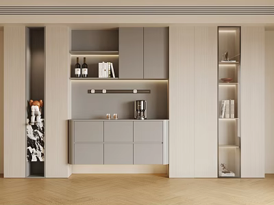 Elegant Modern Sideboard Cabinet Design With Open Shelves Wine Bottles Coffee Machine And Books 3d model