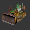 Yellow Bulldozer with Tracks and Large Blade Worn Metal Structure and Cab on Gray Background