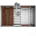 Modern Stainless Steel Kitchen Sink With Wooden Cover Drying Rack And Faucet